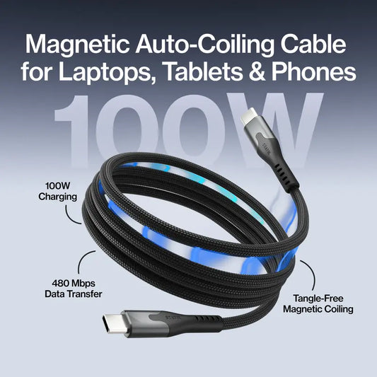 MagStack Pro USB-C Cable — Magnetic Auto-Coiling, 100W Fast Charging, 480Mbps Data Transfer, 10,000+ Bend Tested, Braided Nylon, Universal for Laptop/Tablet/Phone