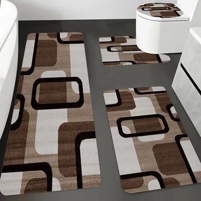 4pcs Grey & Black White Curved Pattern Flannel Bathroom Rug Set, Non-Slip Quick Absorbent Bath Mats,