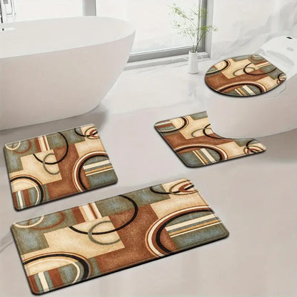 4pcs Grey & Black White Curved Pattern Flannel Bathroom Rug Set, Non-Slip Quick Absorbent Bath Mats,