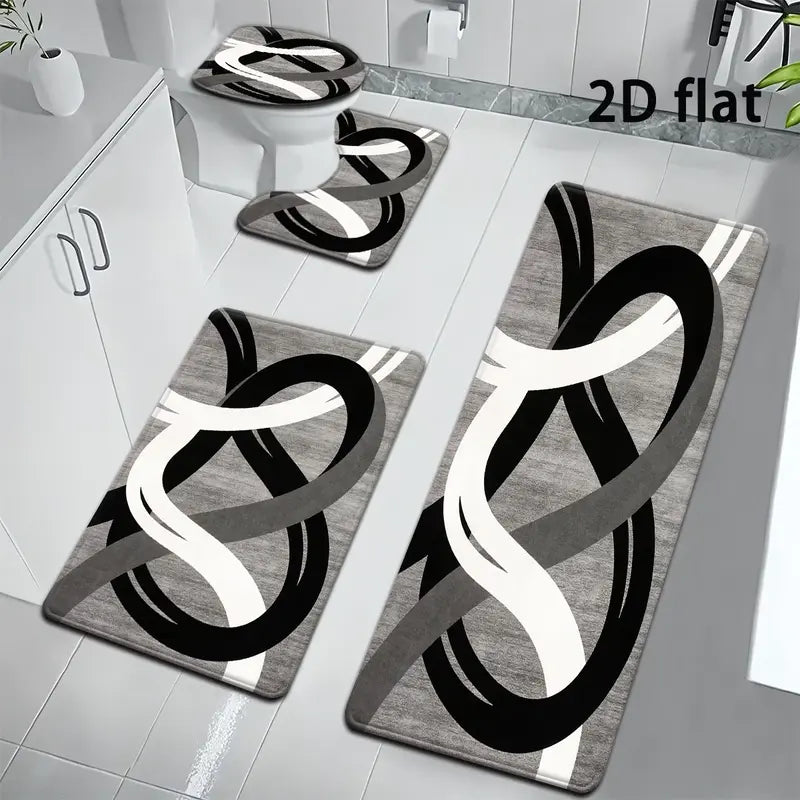 4pcs Grey & Black White Curved Pattern Flannel Bathroom Rug Set, Non-Slip Quick Absorbent Bath Mats,