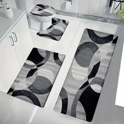 4pcs Grey & Black White Curved Pattern Flannel Bathroom Rug Set, Non-Slip Quick Absorbent Bath Mats,