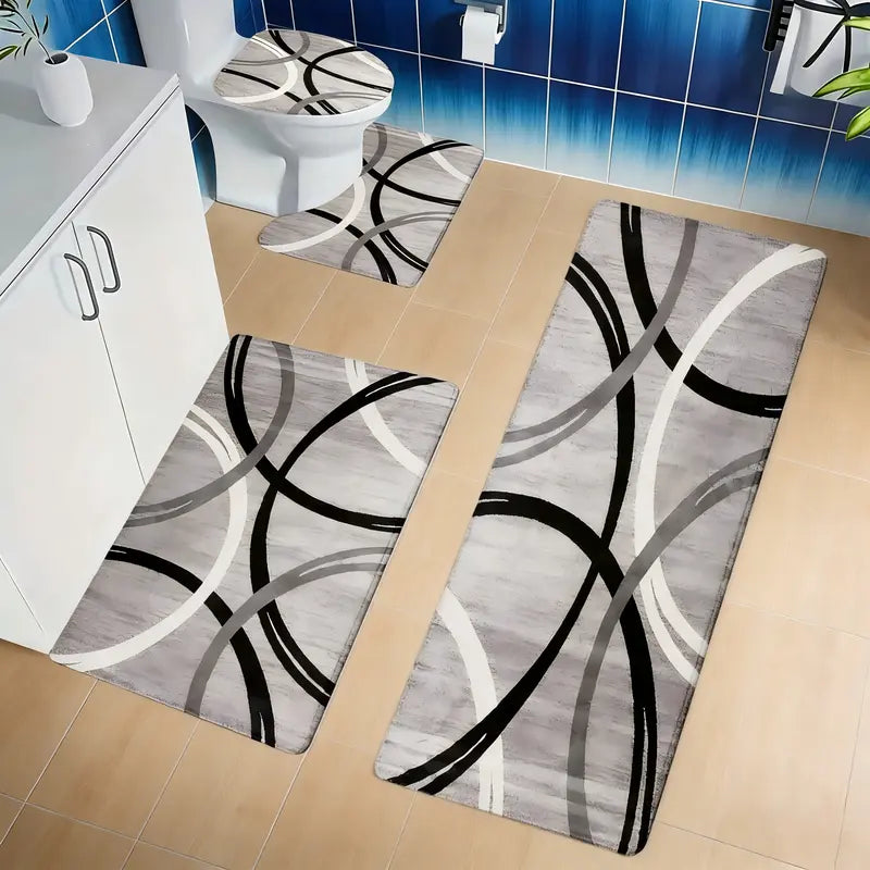 4pcs Grey & Black White Curved Pattern Flannel Bathroom Rug Set, Non-Slip Quick Absorbent Bath Mats,
